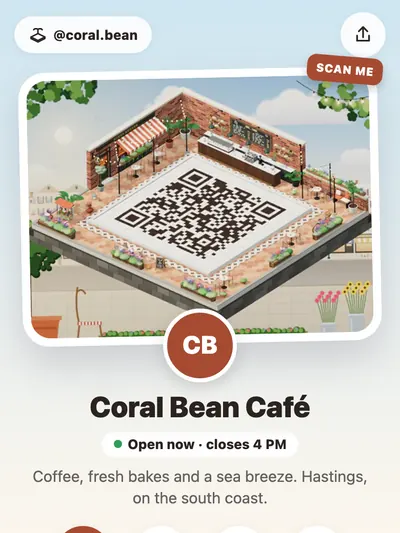An example Island Page on a phone: a café island whose courtyard is a QR code, above the name Coral Bean Café, Open now, round Call, WhatsApp, Directions and Wi‑Fi buttons, and tiles for the menu and hours