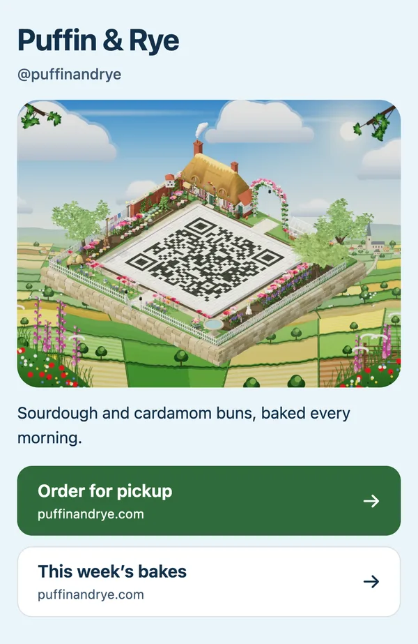 An example island page on a phone: the Corner Café island, whose courtyard is a QR code, above the title Harbour Bakehouse, a short bio and an Order for pickup button
